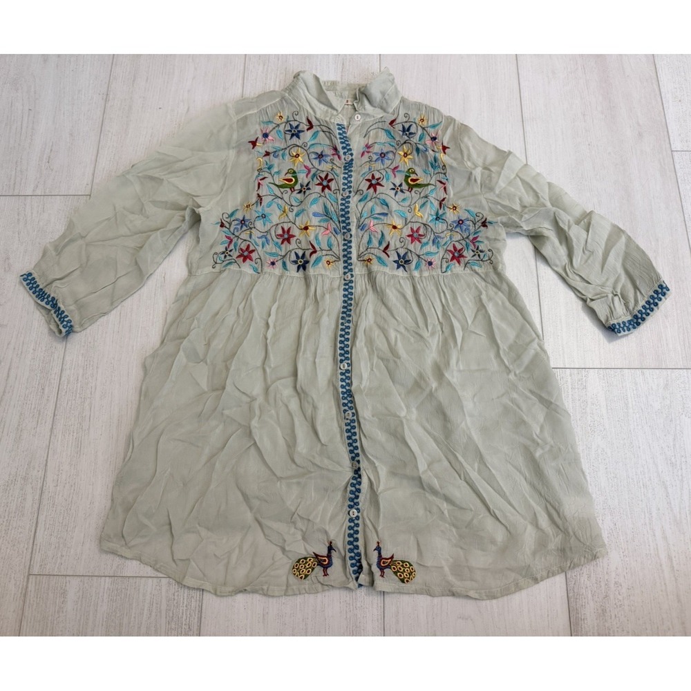Johnny Was Shirt Embroidered Floral Bird Button Down Tunic Sz S Gray Colorful